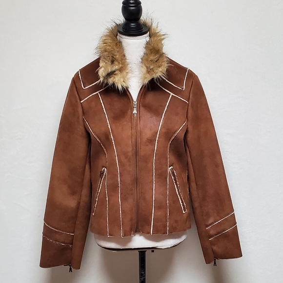VINTAGE 90s Toffee Faux Suede Faux Fur Zip-Sleeve Full-zip Fleece Lined Jacket - Picture 4 of 13